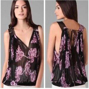 Free People  Black Sheer Floral Sleeveless Blouse. Size S